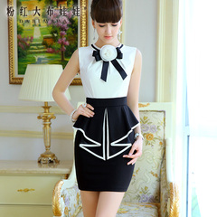 Female summer pink dress dolls 2015 new style black and white spell OL temperament flowers sleeveless dress