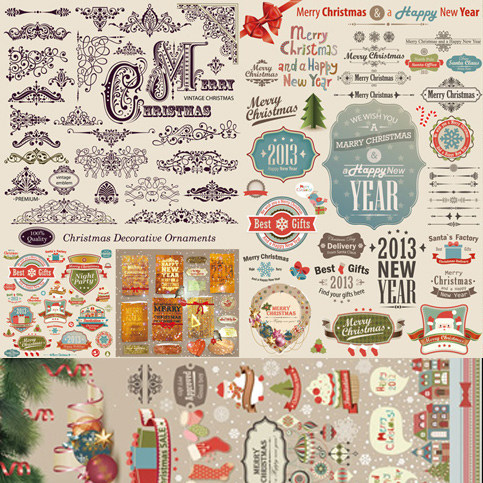 英伦圣诞老人插画矢量素材标签花纹花边装饰圣诞树节庆贺卡035