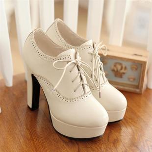 小码 33单鞋 女鞋 春秋欧美防水台超高跟深口系带米色女鞋