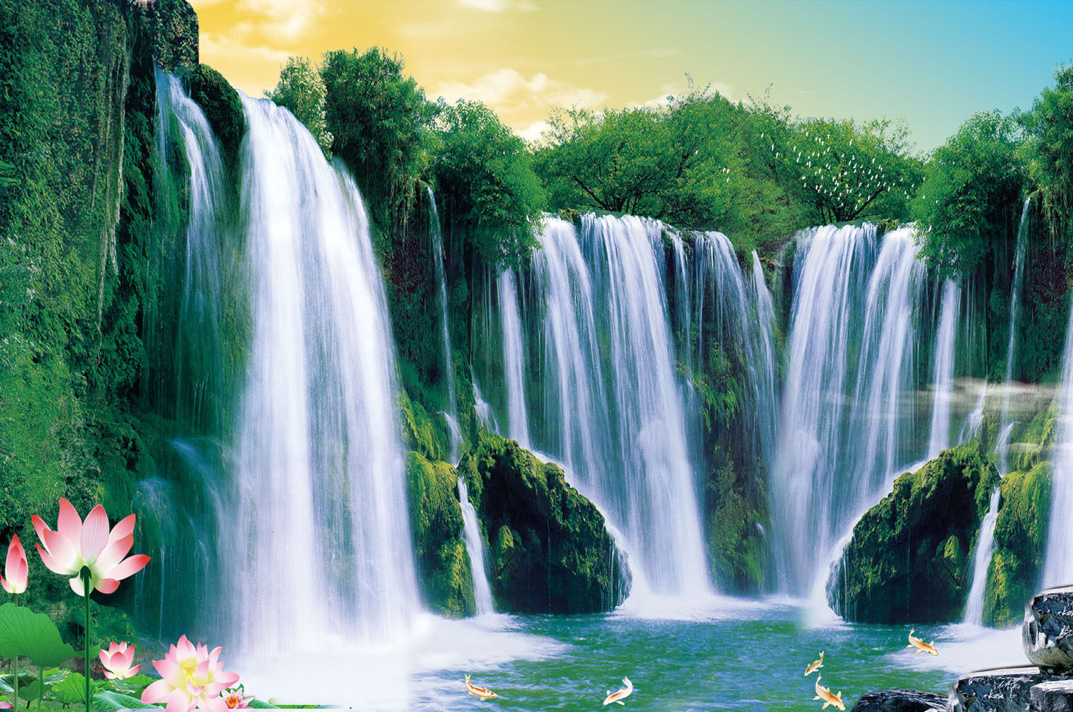 706海报印制海报展板写真喷绘贴纸素材974瀑布荷花山水画