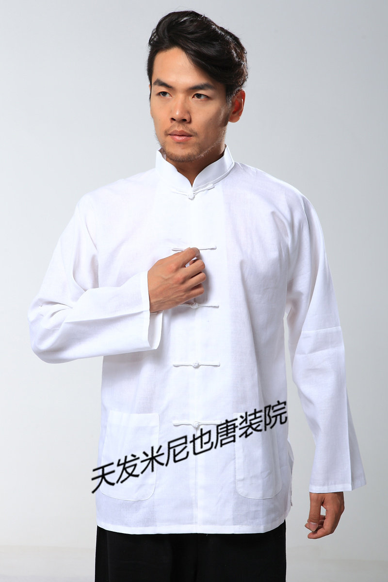 男士夏装中老年唐装连肩袖套装汉服米尼也男式亚麻打底衫上衣折扣