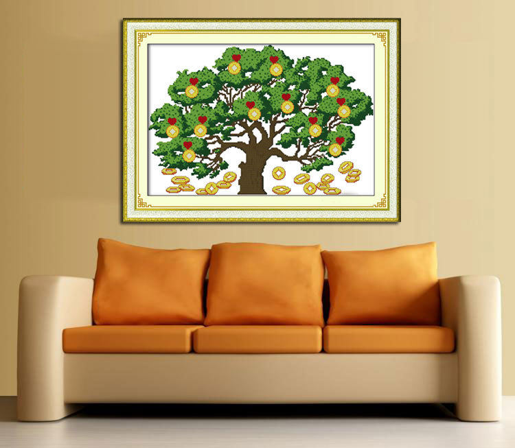 精准印花十字绣线绣招财树发财树摇钱树风水画财源滚滚小幅画简单
