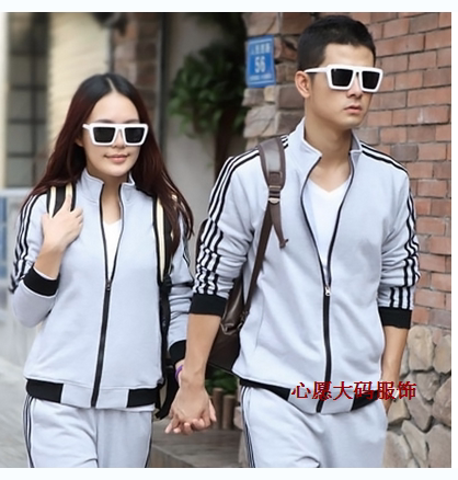 秋装新款开衫运动套装纯棉情侣装三条杠跑步服训练服校服大码定做