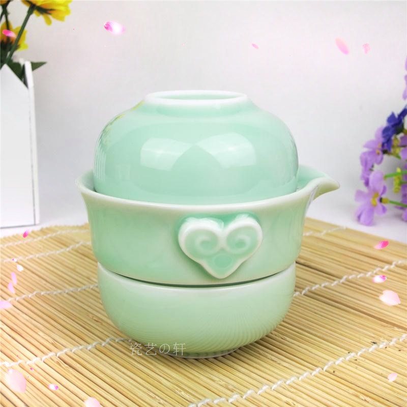 特价 龙泉青瓷浮雕快客杯 一壶两杯陶瓷功夫茶具旅行茶具汝窑套装