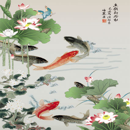 海报印制199书房卧室客厅贴挂画装饰墙壁挂画183鱼戏荷塘ps-1