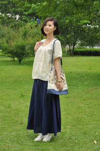 夏季女装原创民族风深蓝百搭大摆裙亚麻半身裙深蓝色棉麻大摆长裙