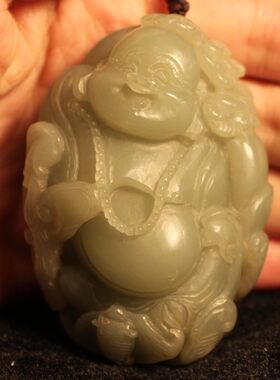 山料弥勒佛手把件和田青白玉