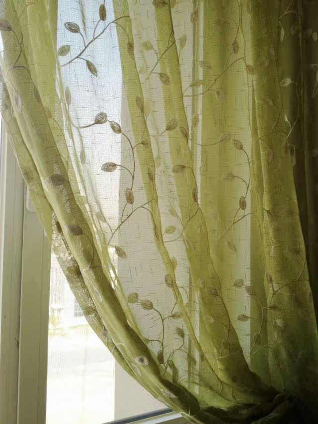 茜茜李出口美式乡村高档绿色棉线藤叶绣花窗纱麻纱帘窗帘 贝蒂