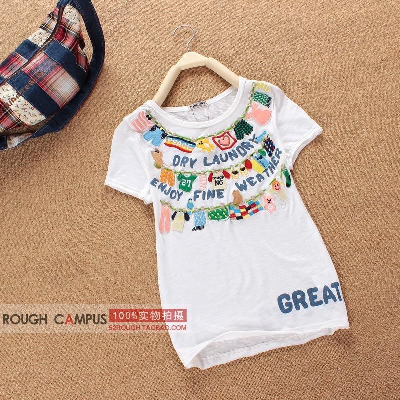 rough新款夏装短袖t恤外贸原单2023宽松森女日系可爱潮刺绣晾衣绳