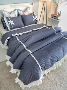 韩国进口纯棉牛仔白色荷叶边立体木耳浪漫甜美公主四件套床品