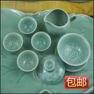 精美时尚 仿宋/汝窑/青瓷 浮雕牡丹内大花盖碗/茶杯 公道杯套装