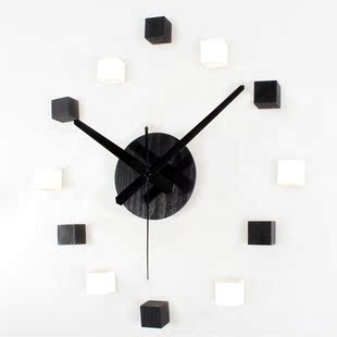 创意黑白方块钟 3D立体真木头方块diy钟 时尚 原创 简约自粘挂钟表