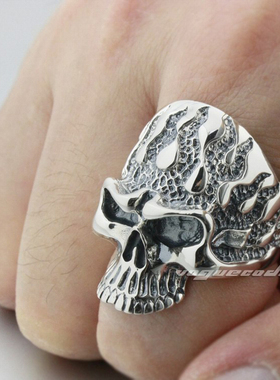 复古火焰骷髅饰品男士纯银戒指