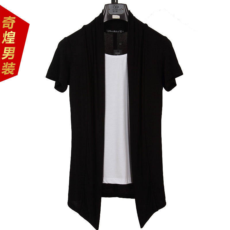 夏季男士t恤 假两件韩版修身短袖衫纯棉短袖针织衫时尚薄款外套潮