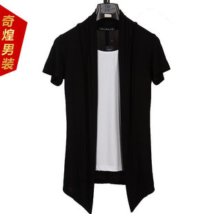 夏季男士t恤 假两件韩版修身短袖衫纯棉短袖针织衫时尚薄款外套潮