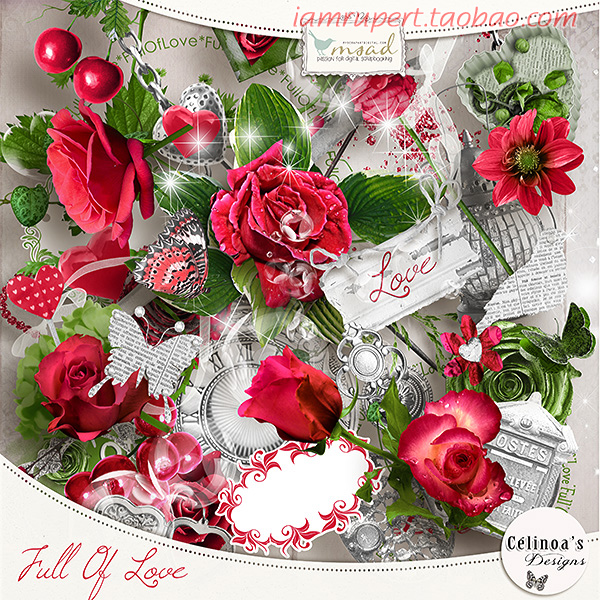 拼贴PNG素材 复古情人玫瑰花朵红百合樱桃蝴蝶饰标贴背景素材Y680