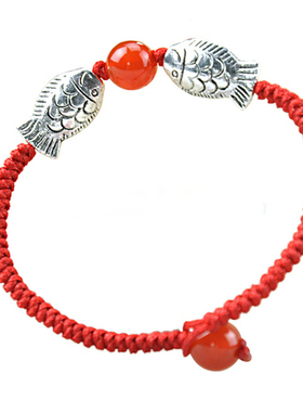 本命年红绳手链 亲嘴藏银鱼手编手链 女款红玛瑙手串