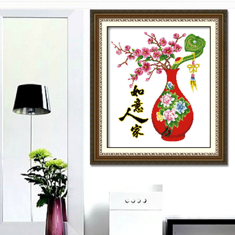 印花如意人家十字绣新款客厅卧室餐厅小幅图梅花瓶挂画系列字画