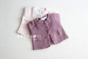 女宝柔软短款开衫镂花芽小边边童装小披肩开衫粉色紫