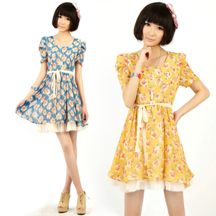 清仓秒杀品牌撤柜依系列甜美复古蔷薇山茶花朵大摆腰带雪纺连衣裙