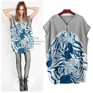 韩国现货欧美宽松休闲蝙蝠袖t恤中长款v领印花短袖蝙蝠衫女装