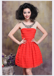 2019春夏装 连衣裙小礼服裙抹胸裙圆领拼接单件 领口钉珠欧根纱无袖