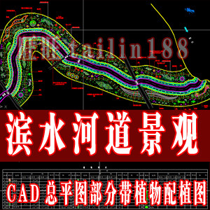 滨水河道景观设计CAD总平面图带植物配植图/河道景观绿化/广场