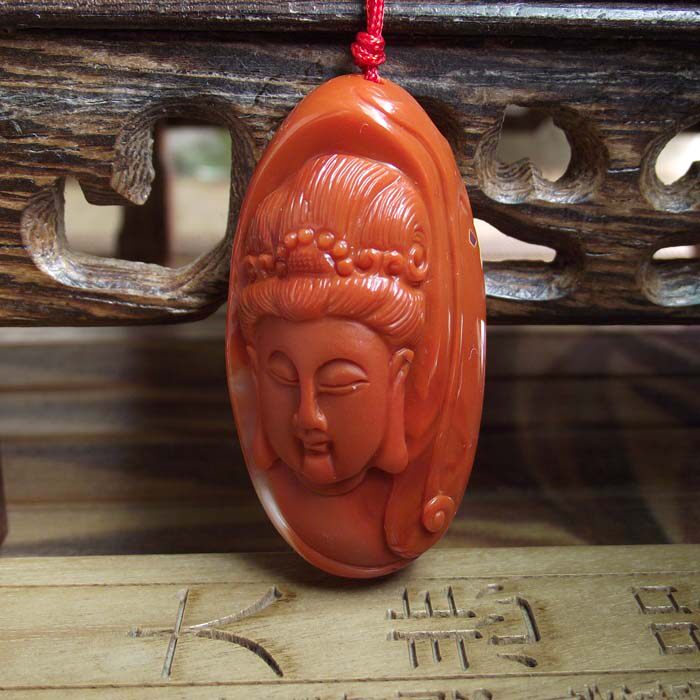 凉山南红玛瑙吊坠雕观世音菩萨佛像项坠柿子红天然高档男宝石挂件