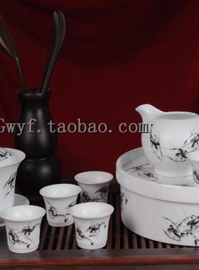 【景德镇红叶金品陶牌陶瓷】9头墨虾配茶海功夫茶具白瓷器套