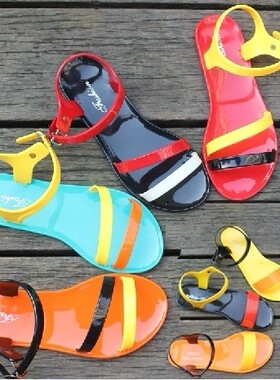 夏季新品果冻鞋平跟撞色平底凉鞋