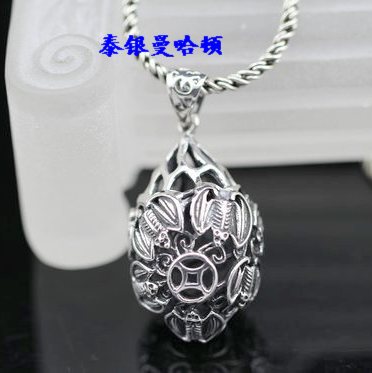 泰银925纯银曼谷手工正品原创设计 蝙蝠古币招财旺财球吊坠4.8cm