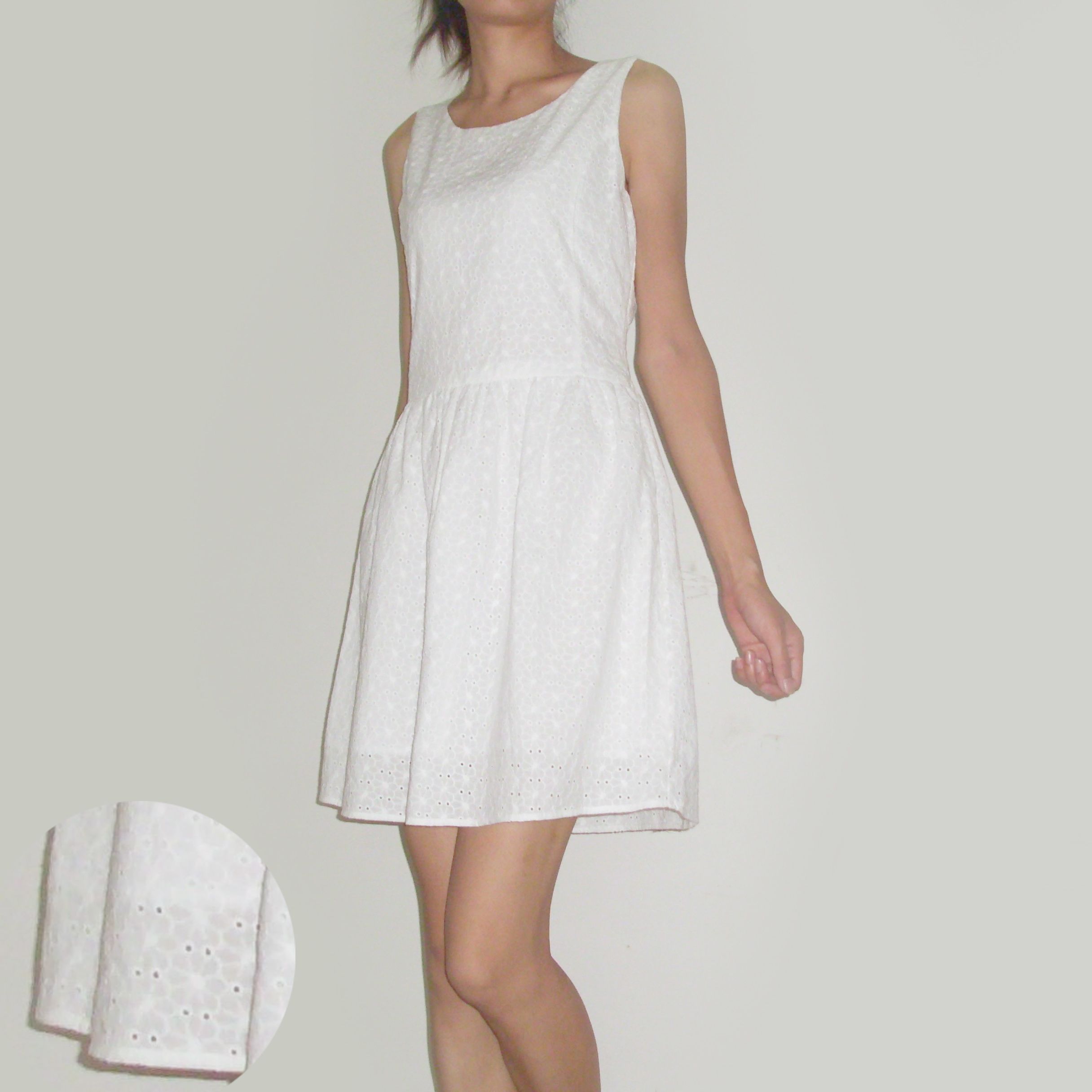 缕空绣花纯棉无袖白色连衣裙背心