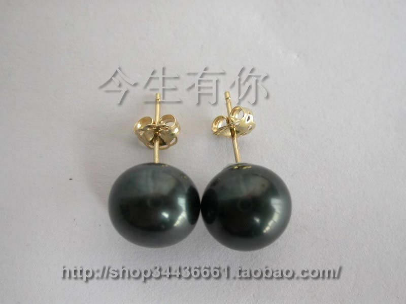 今生有你高贵典雅的10mm天然黑色珍珠耳钉纯14k金耳饰女正品包邮