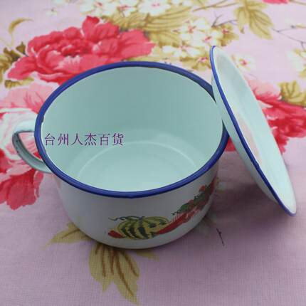 搪瓷快餐杯饭缸饭盆饭盒 老式怀旧经典搪瓷杯 泡面杯带把带盖15cm