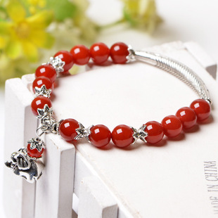 红玛瑙单圈手链藏银小鱼弯管加吉祥小象吊坠手串档位珠汽车挂件