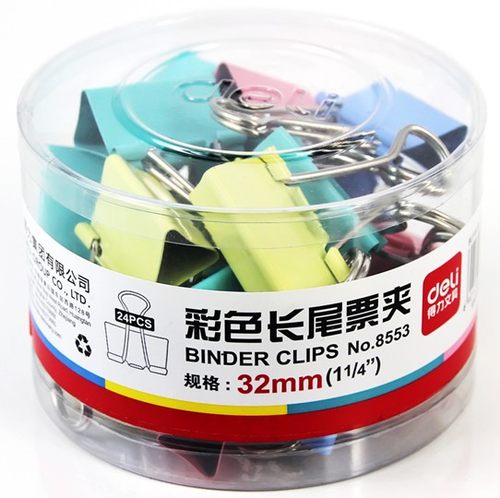得力8553ES 筒装彩色长尾夹 32MM 混色 24只/筒 燕尾夹 票夹 票据