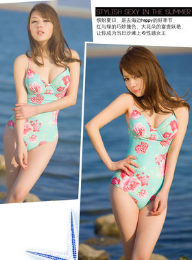 herfair连体游泳衣女性感大小胸钢托聚拢裙式显瘦温泉三件套泳装