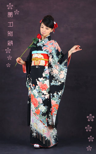 礼装日本和服 正绢整体对花振袖礼服16件套 黑地牡丹 - 封面