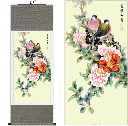丝绸画国画富贵如意卷轴画挂壁画花鸟风景画送国内外友人招财花鸟
