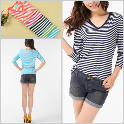 大码女装韩版修身条纹T恤打底衫