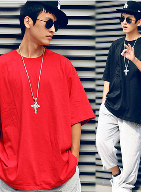 街头嘻哈纯色百搭HIPPOP街舞说唱rap跳舞宽松大码落肩纯棉短袖T恤