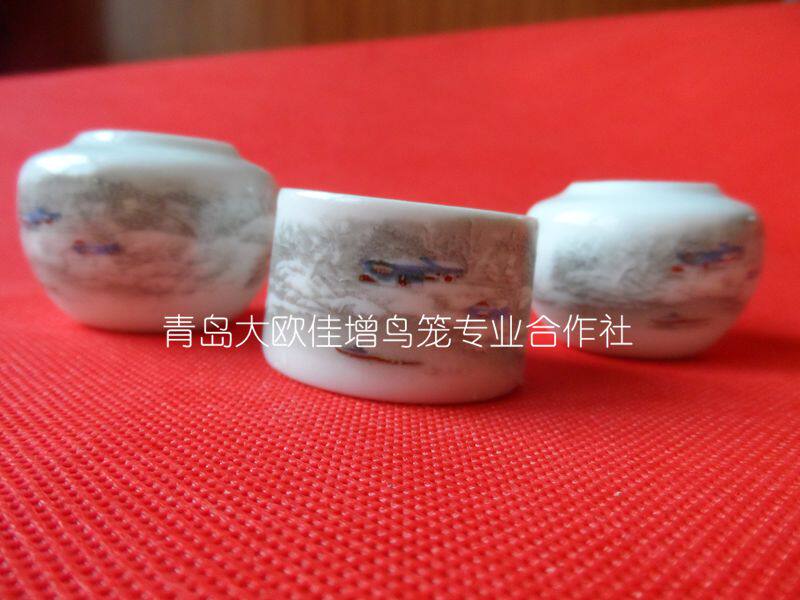 大欧鸟笼景德镇烧制贴画靛颏食罐食碗杯子三件套白底雪景