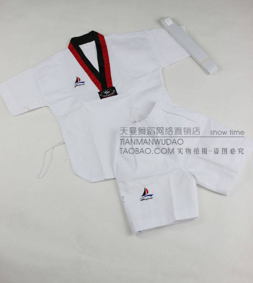 半袖儿童跆拳道服竖条纹道服短袖训练道服男孩女孩道服比赛训练服