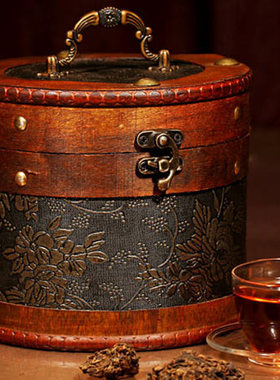 仿古套装怀旧圆形木盒子 茶叶罐收纳盒大皮桶 中式礼品复古包装盒