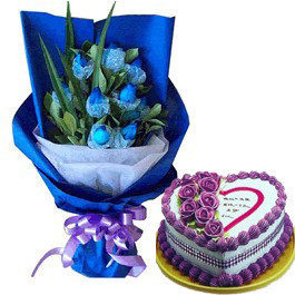 上海鲜花蛋糕专送 蓝玫瑰11朵加8寸鲜奶蛋糕鲜花速递同城幸福一生