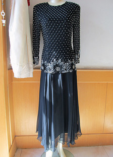 法国原单重工真丝钉珠奢华闪亮复古晚礼服晚宴酒会演出连衣裙孤品