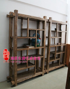 原木态仿古书报架　风化茶叶架粗犷博古架老榆木中式简约古典家具