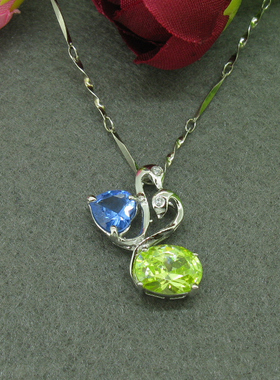 天鹅项链蓝绿色水晶吊坠银饰品