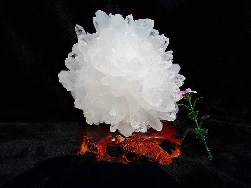 晶山角天然白水晶簇 白水晶柱摆件底座是天然红木150*130MM1.5kg