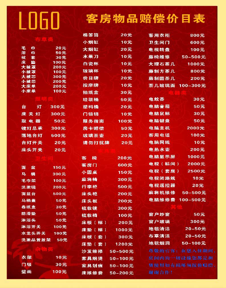 海报印制449设计展板素材17酒店损坏物品赔偿价目表定制